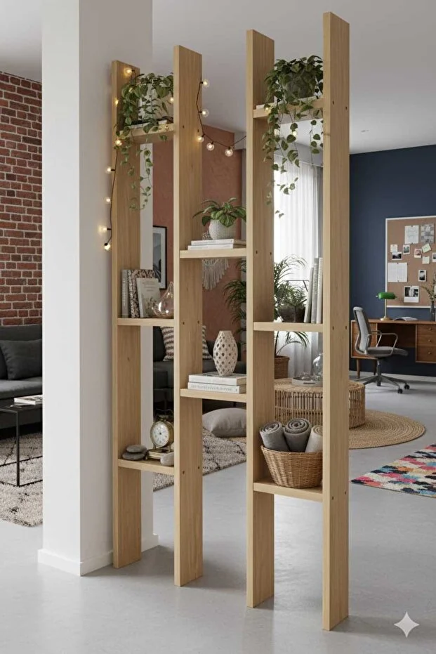 Masif Ahşap Raflı Oda Ayırıcı Seperatör Duvar Dekor Paravan 60x200 cm Boyasız Doğal Ahşap Rengi